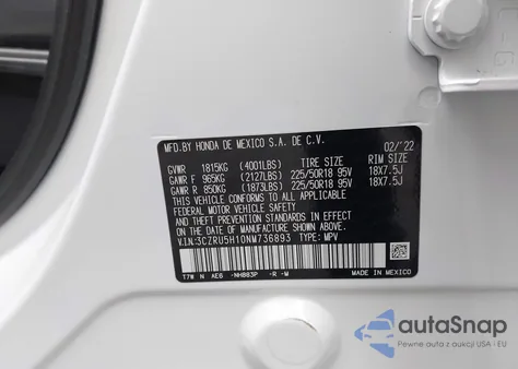 2022 Honda Hr-V 2Wd Sport z USA, uszkodzony, nr VIN 3CZRU5H10NM736893